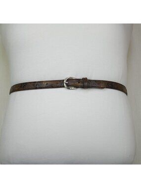 Brown Embossed Leather Belt With Floral Design & Silver Buckle Size 14